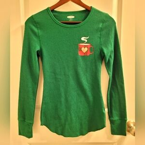 Old Navy Forest Green Long Sleeve Waffle knit Holidays Christmas Cozy Shirt XS